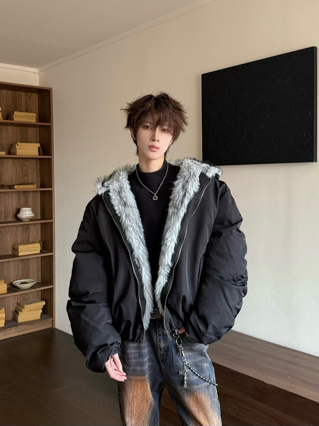 Hooded Fake Fur Collar Oversize Puffer Jacket WN23193