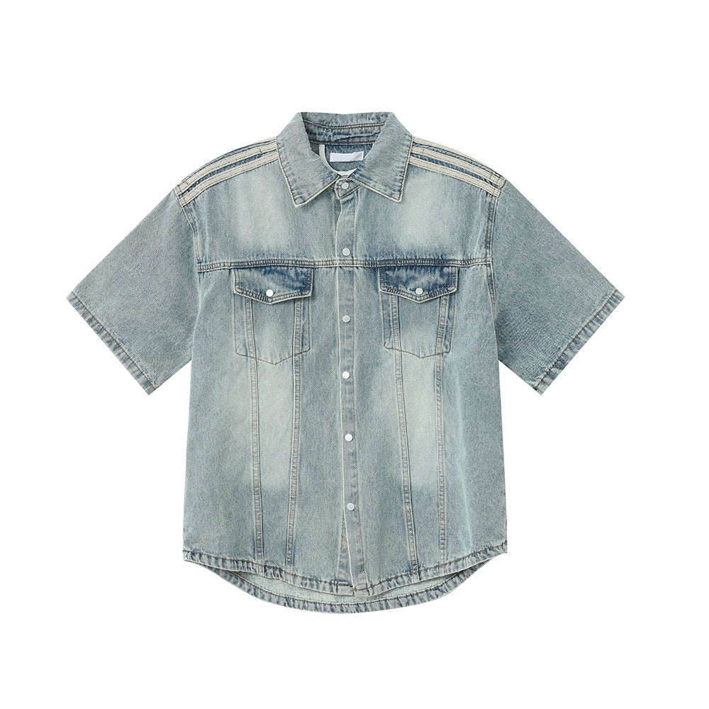 Washed Denim Short Sleeve Shirt Jacket & Wide Leg Denim Jeans Setup WN24955