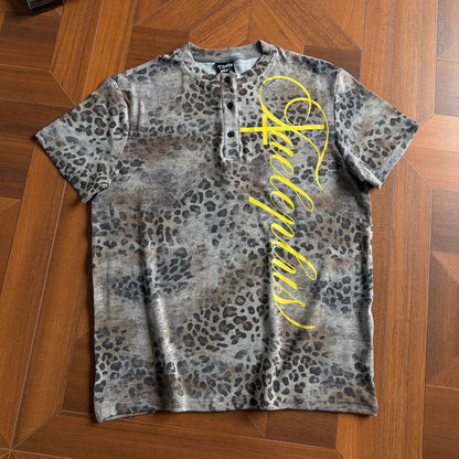Leopard Letter Print Button Placket Short Sleeve T-Shirt WN25787