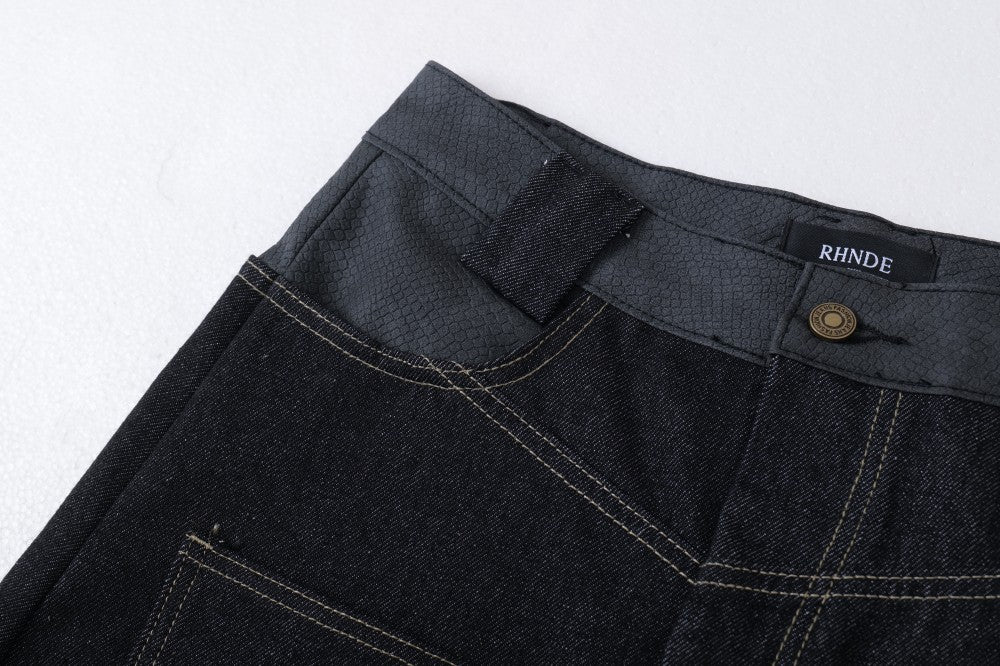 Flame Embroidery Wide Leg Raw Denim Jeans WN28071