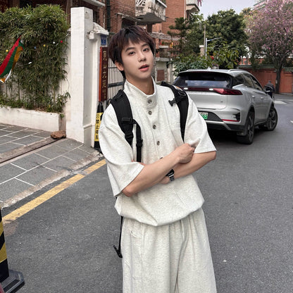 Standing-Collar Button Short Sleeve T-Shirt & Wide Leg Sweatpants Setup WN25303