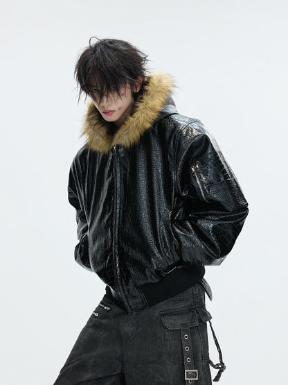 PU Leather Fleece Lining Reversible Leopard Print Hooded Jacket WN22623