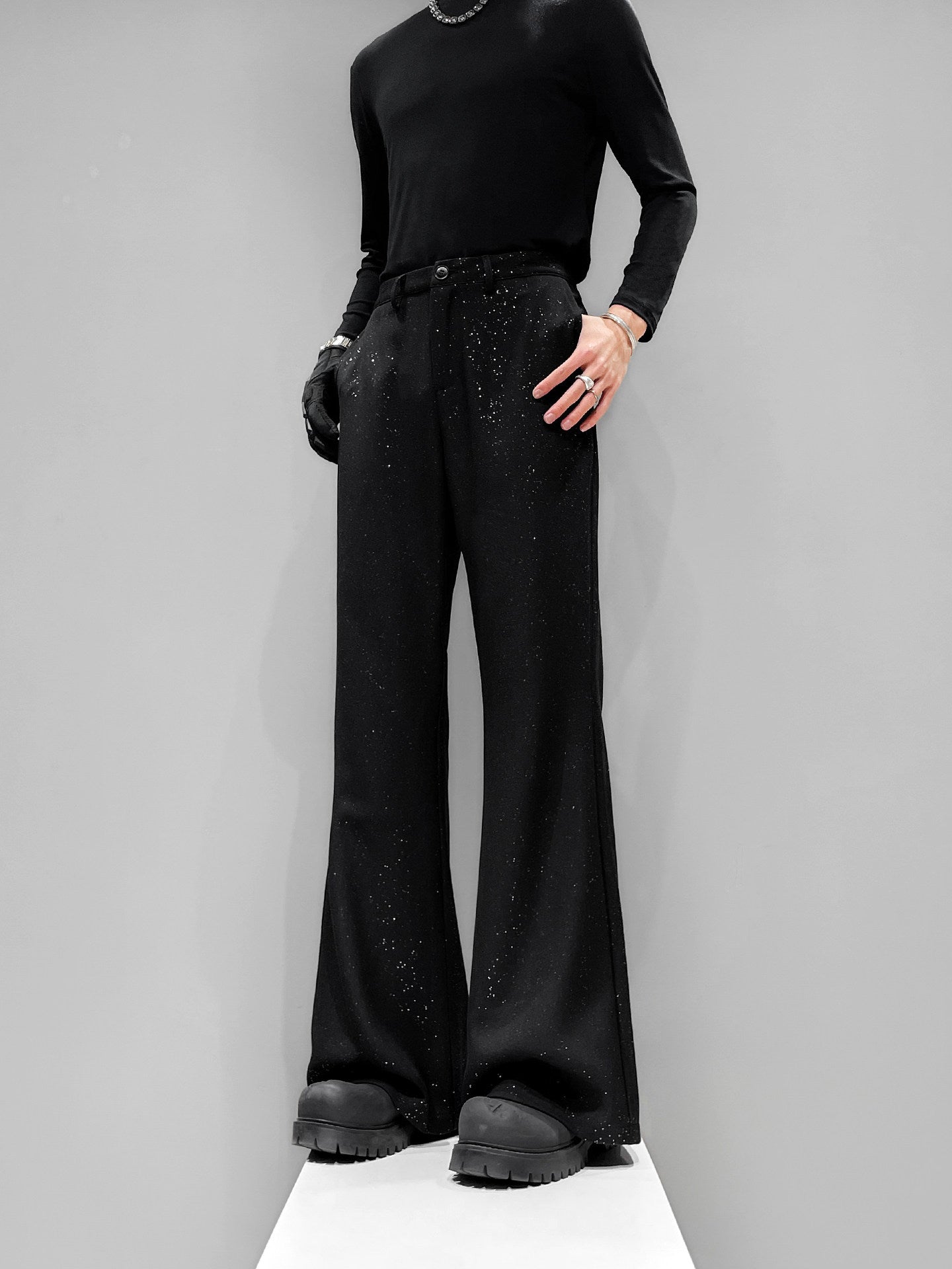 Foil Star Print Draped Flare Trousers WN23858