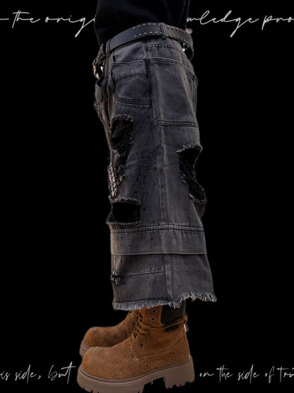 Damage Cutout Raw Hem Wide Leg Denim Jeans & Skull Belt & Cross Belt & Belt Chain WN23828