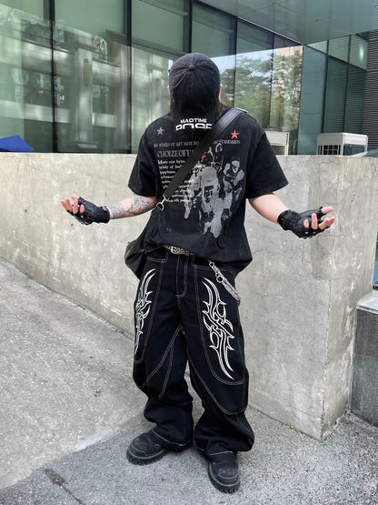 Portrait Letter Print Washed Oversize Short Sleeve T-Shirt WN14990