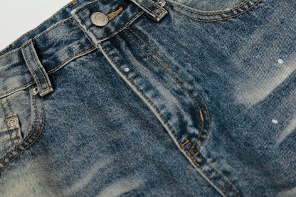 Washed Whisker Paint Splatter Straight Denim Jeans WN26147