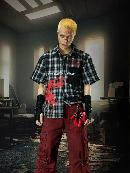 Graffiti Plaid Damage Colorblock Pocket Patchwork Oversize Short Sleeve Shirt WN18490