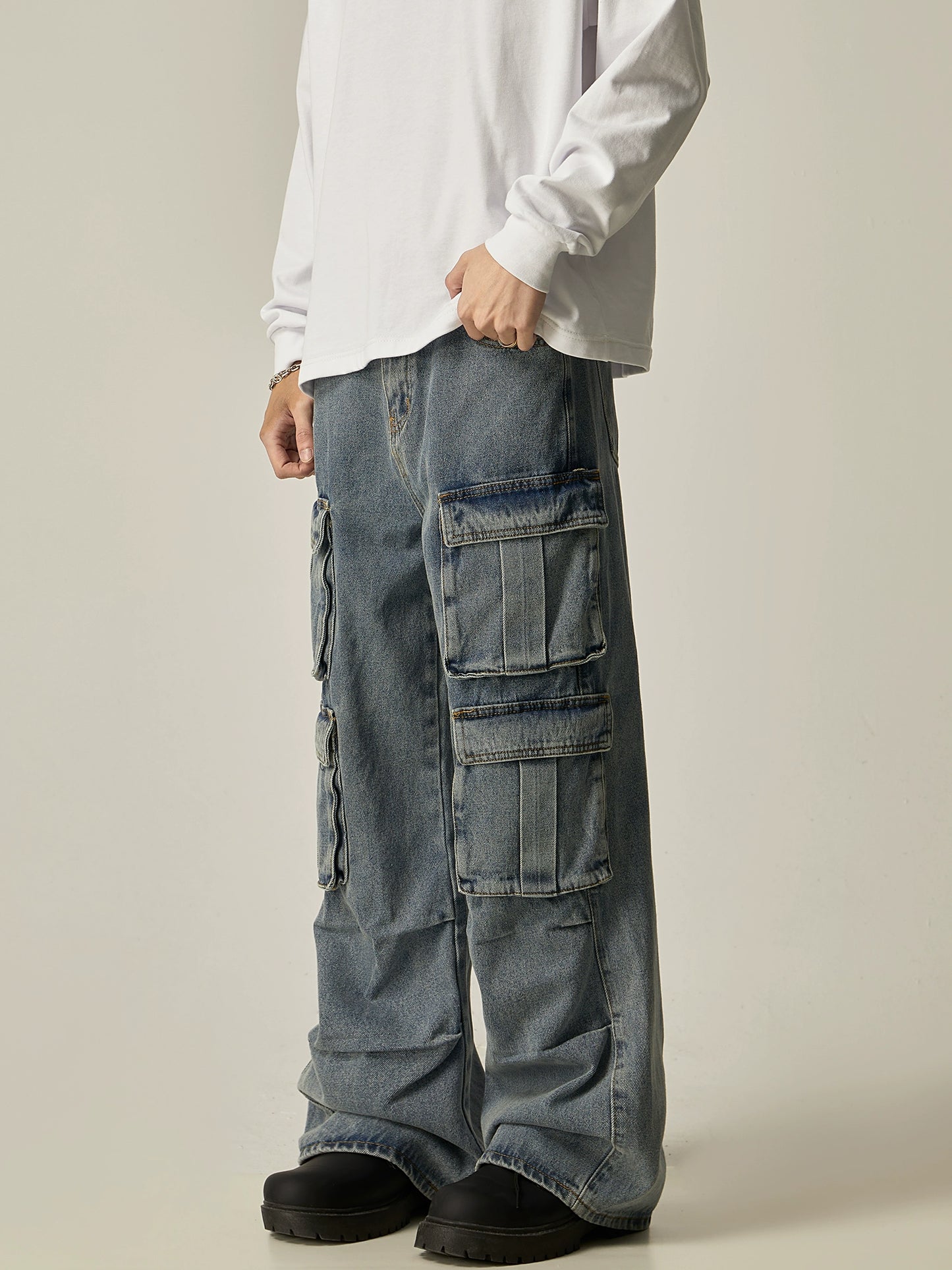 Washed Multi Pocket Straight Cargo Denim Jeans WN8978