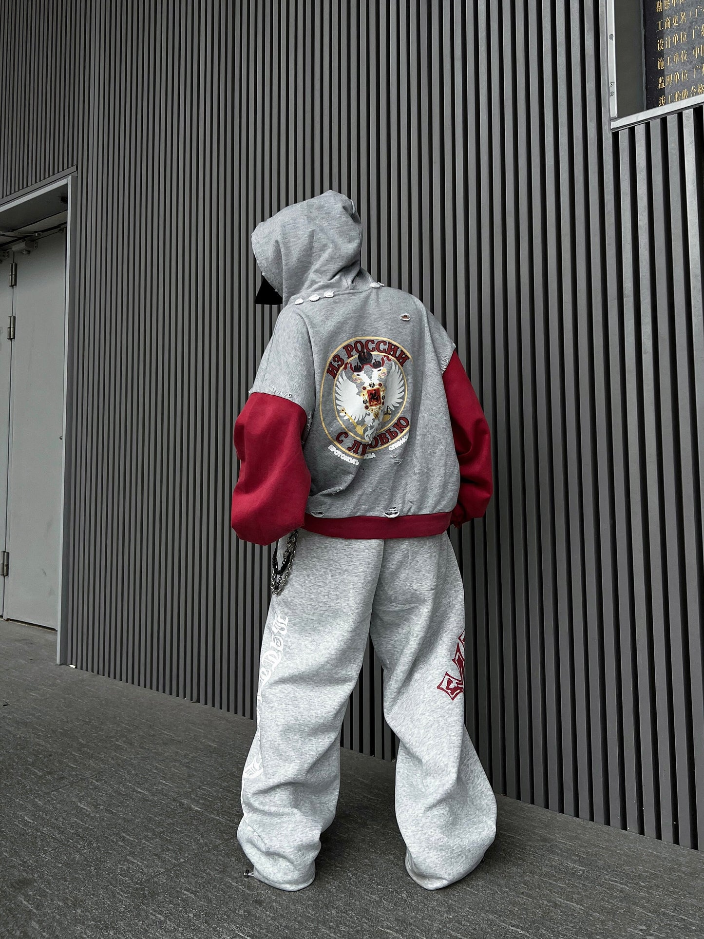 Damage Number Print Embroidery Oversize Zipper Hoodie WN24180