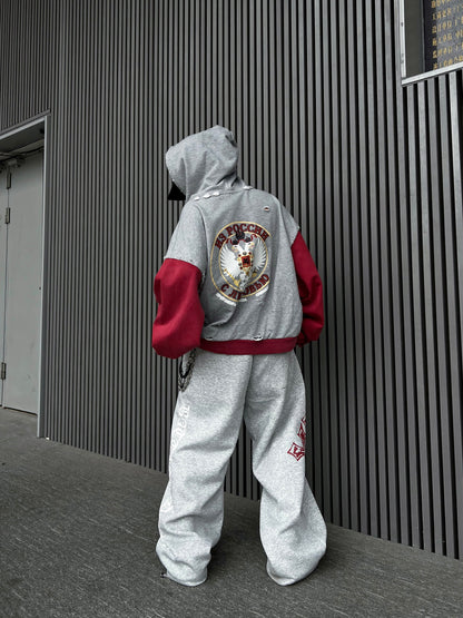 Damage Number Print Embroidery Oversize Zipper Hoodie WN24180
