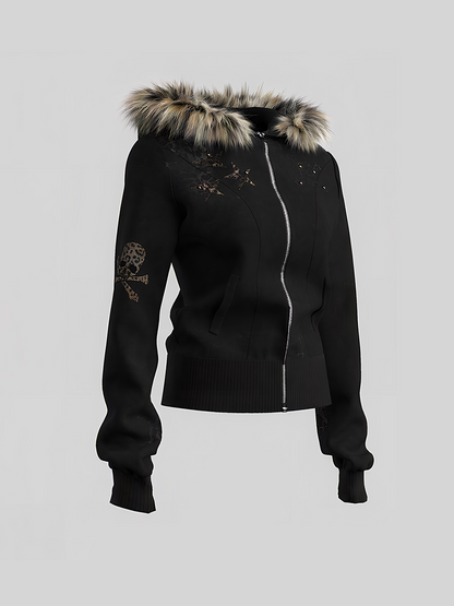 Fake Fox Fur Trim Skeleton Graphic Cropped Zipper Hoodie WN27097