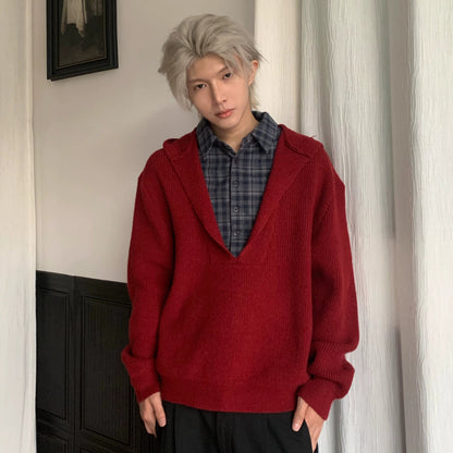 Plaid Patch Fake Layered Hooded Knit Sweater WN22228