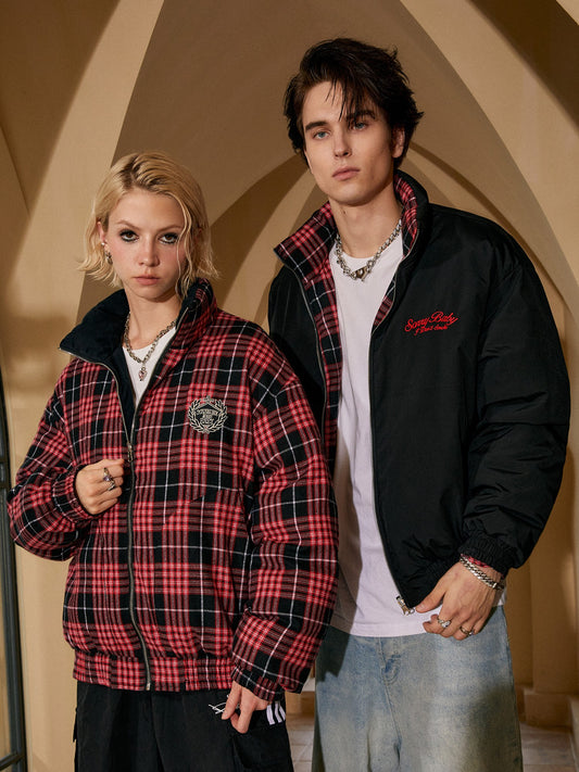 Reversible Plaid Embroidery Shoulder-pad Puffer Jacket WN10148