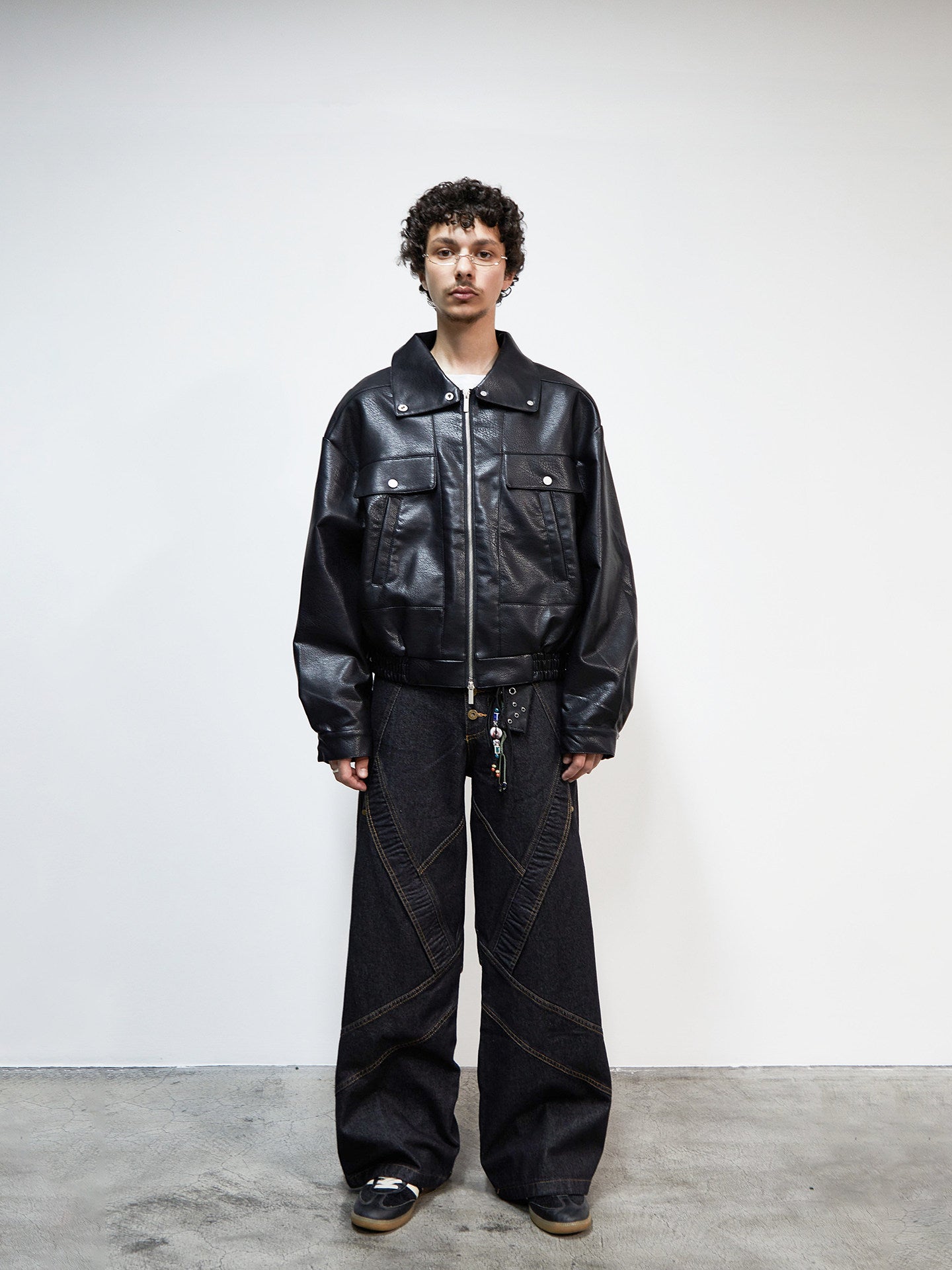 Vintage Imitation Cowhide PU Leather Stand Neck Short Jacket WN22924