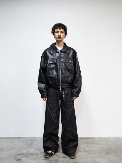 Vintage Imitation Cowhide PU Leather Stand Neck Short Jacket WN22924