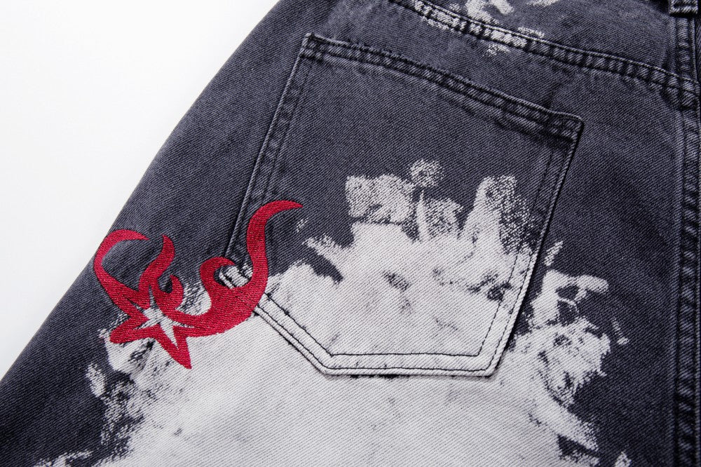 Washed Graphic Print Wide Leg Denim Jeans WN27794