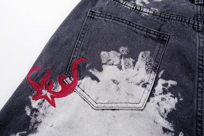 Washed Graphic Print Wide Leg Denim Jeans WN27794