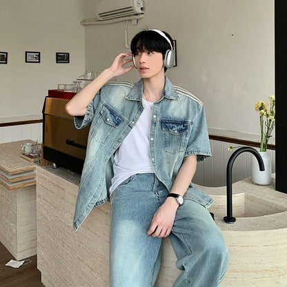 Washed Denim Short Sleeve Shirt Jacket & Wide Leg Denim Jeans Setup WN24955