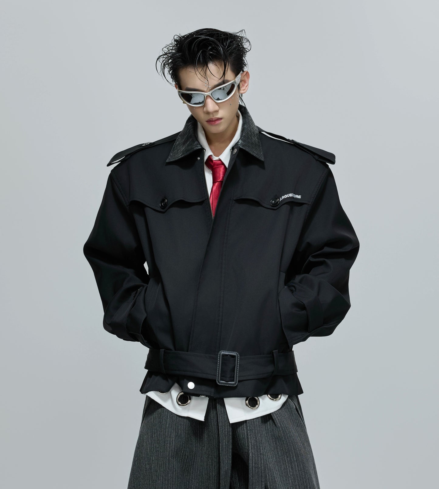 Woven Mix PU Leather Colorblock Short Trench Jacket WN21687