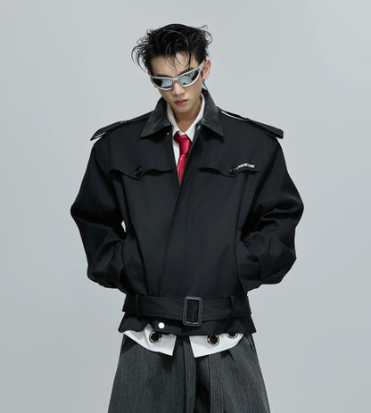 Woven Mix PU Leather Colorblock Short Trench Jacket WN21687