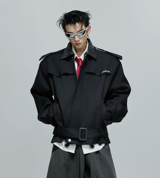 Woven Mix PU Leather Colorblock Short Trench Jacket WN21687