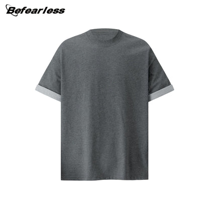 Contrast Cuff Fake Layered Boxy Oversize Short Sleeve T-Shirt WN26301