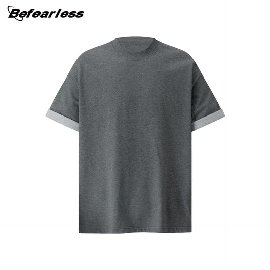 Contrast Cuff Fake Layered Boxy Oversize Short Sleeve T-Shirt WN26301