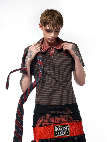 Fake Layered Stripe Zipper Short Sleeve Polo Shirt WN18783