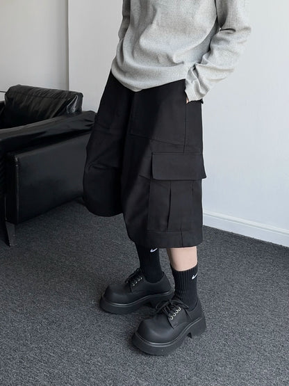 Washed Multi-Pocket Wide Leg Cargo Half Pants WN19356