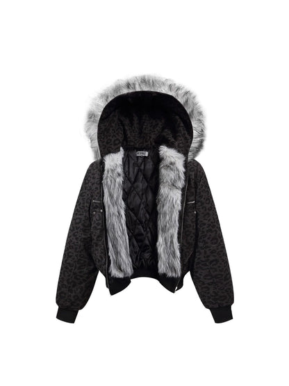 Leopard Print Fake Fur Trim Hooded Oversize Puffer Jacket WN27919