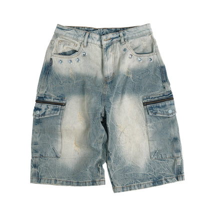 Washed Zip Cargo Denim Half Jeans WN26643