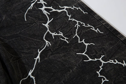 Washed Flare Lightning Embroidery Wide-Leg Denim Jeans WN12663