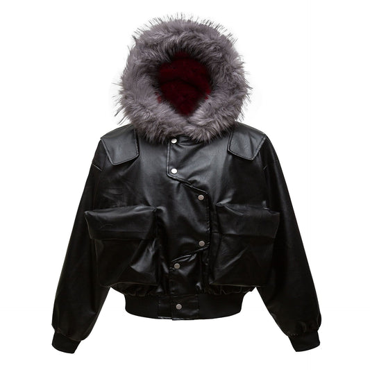 Tactical PU Leather Fur Collar Padded Jacket WN11332