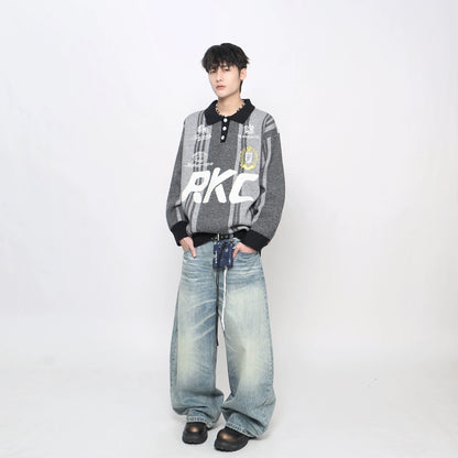 Badge Embroidery Polo Collar Knit Sweater WN21045