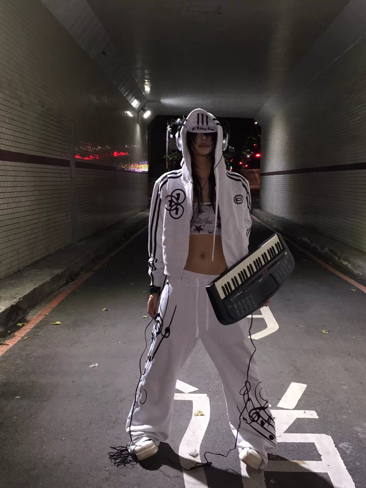 Music Score Embroidery Wide Leg Sporty Sweat Pants WN19053