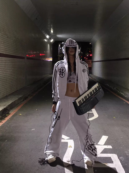 Music Score Embroidery Wide Leg Sporty Sweat Pants WN19053