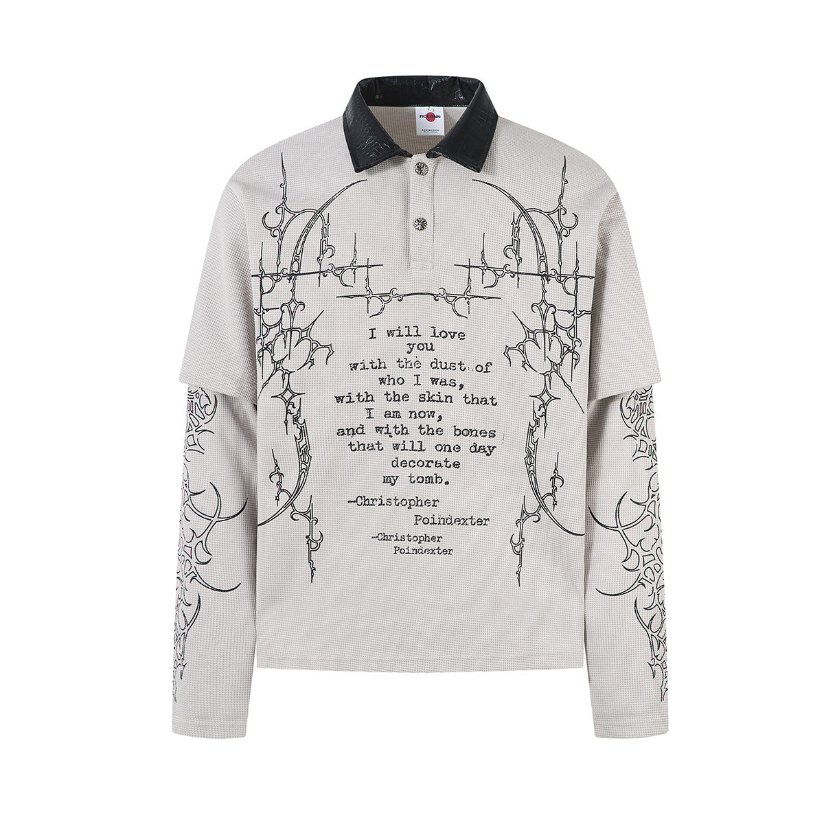 PU Leather Collar Thorn Print Fake Layered Long Sleeve Polo Shirt WN25550