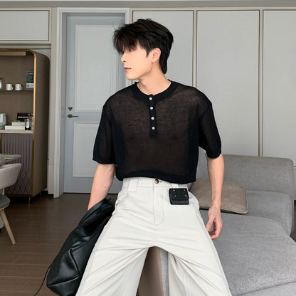 Cooling Linen Knit Henry Neck Short Sleeve T-Shirt WN20468