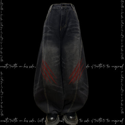 Washed Whisker Scratch Wide Leg Denim Jeans & Belt & Chain WN20117