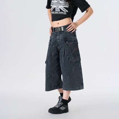 Denim Paint Splatter Multi-Pocket Wide Leg Half Pants WN27938