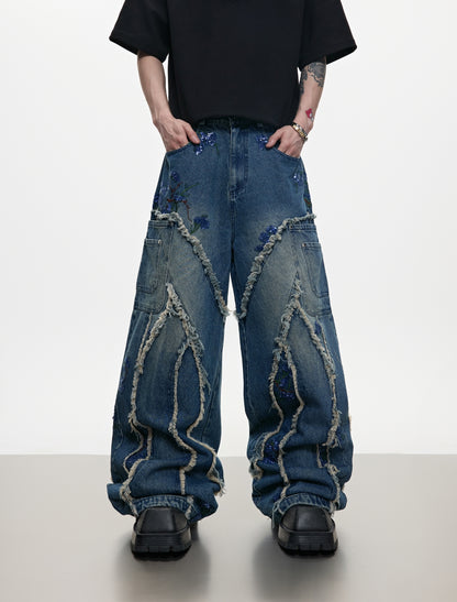 Sequin Embroidery Curved Raw Hem Wide Leg Denim Jeans WN18361