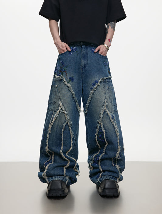Sequin Embroidery Curved Raw Hem Wide Leg Denim Jeans WN18361