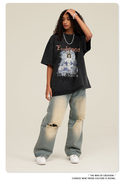 Oversize Angel Print Round Neck Short Sleeve T-Shirt WN7893