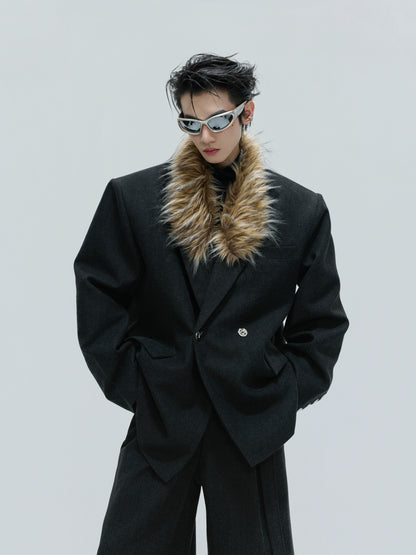 Fur Collar Waist-Fitted Wool Tailored Jacket & Trousers Setup WN21728