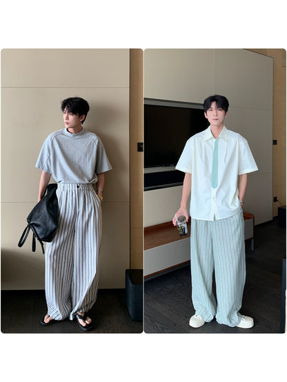 Striped Cotton Elastic Waist Wide Leg Straight Pants WN20442