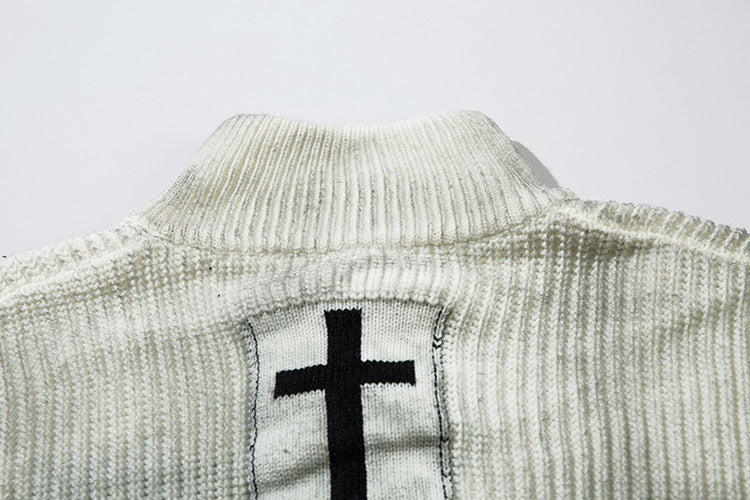 Spray-Paint Tie-Dye Cross Stand Neck Zipper Knit Cardigan WN11238