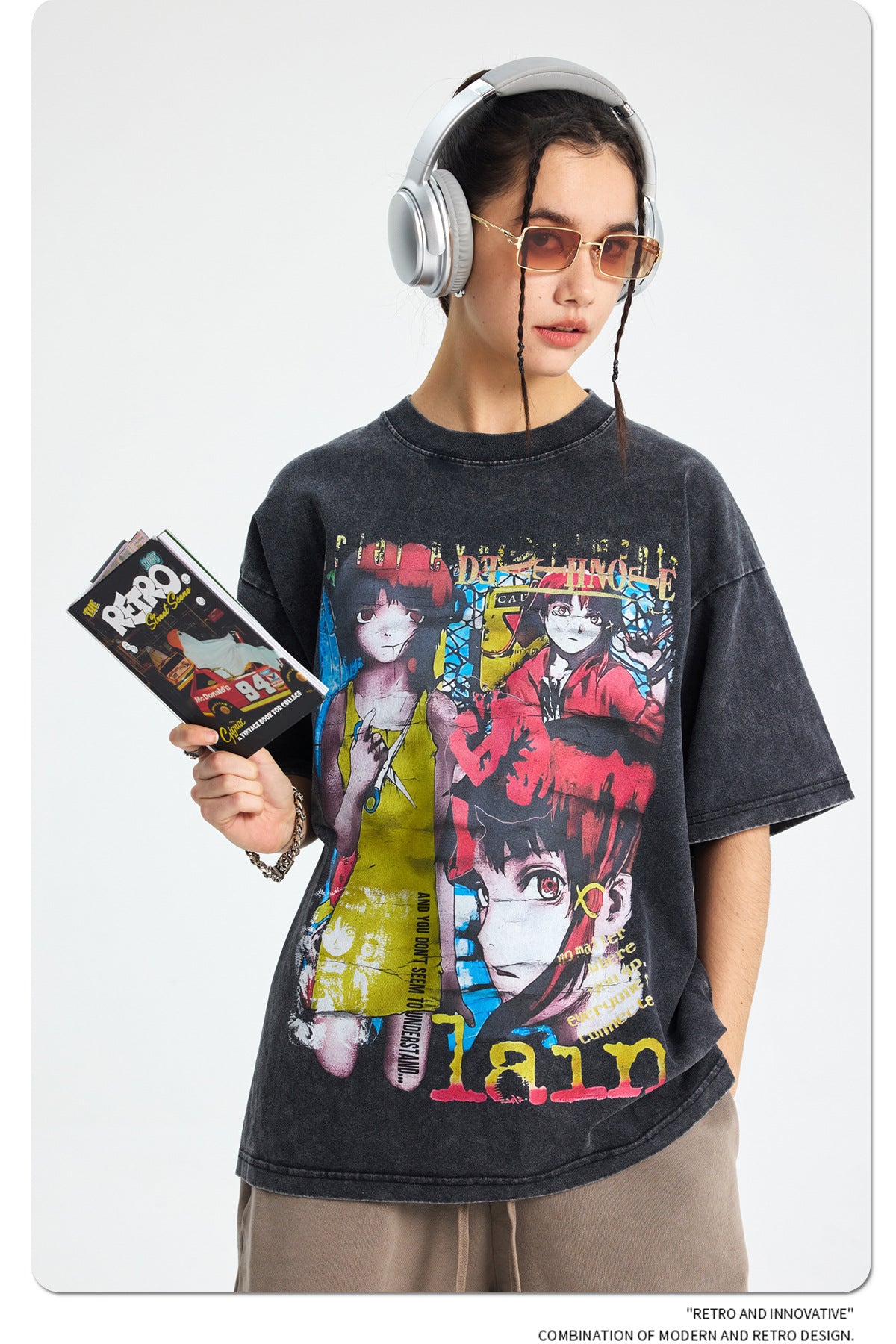 Cartoon Girl Print Washed Short Sleeve T-Shirt WN16269