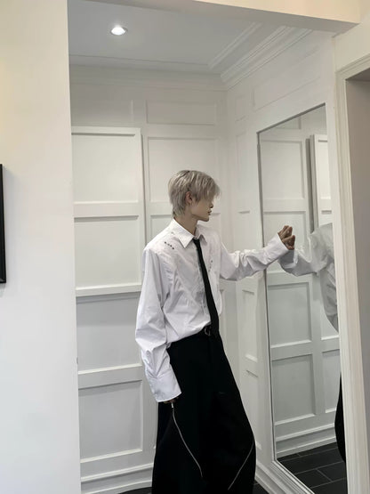 Metal Studs Shoulder-Pad Pleats Long Sleeve Shirt & Tie WN19807