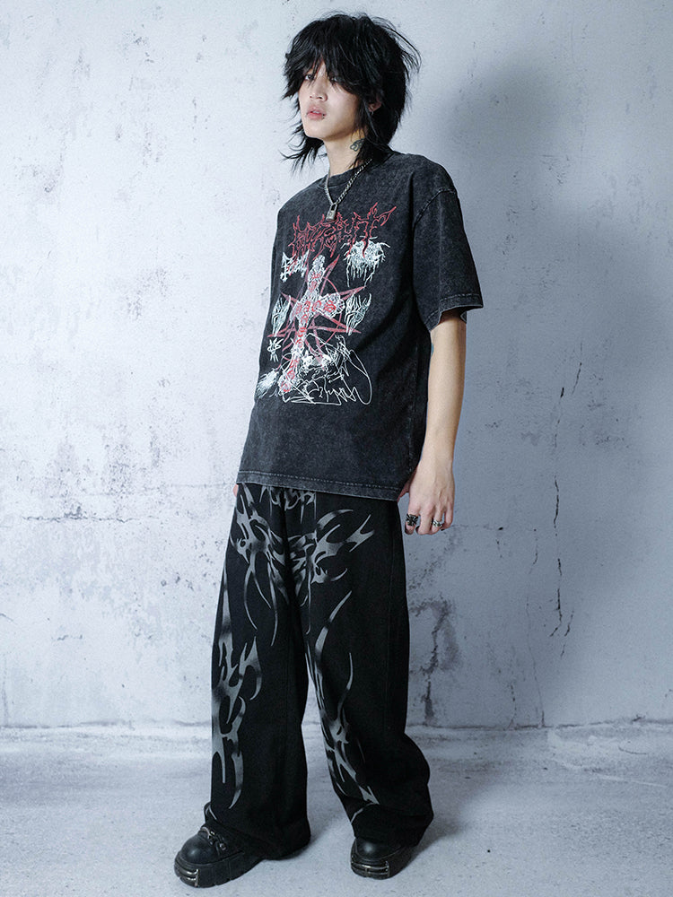 Oversize Print Washed Short Sleeve T-shirt WN15910