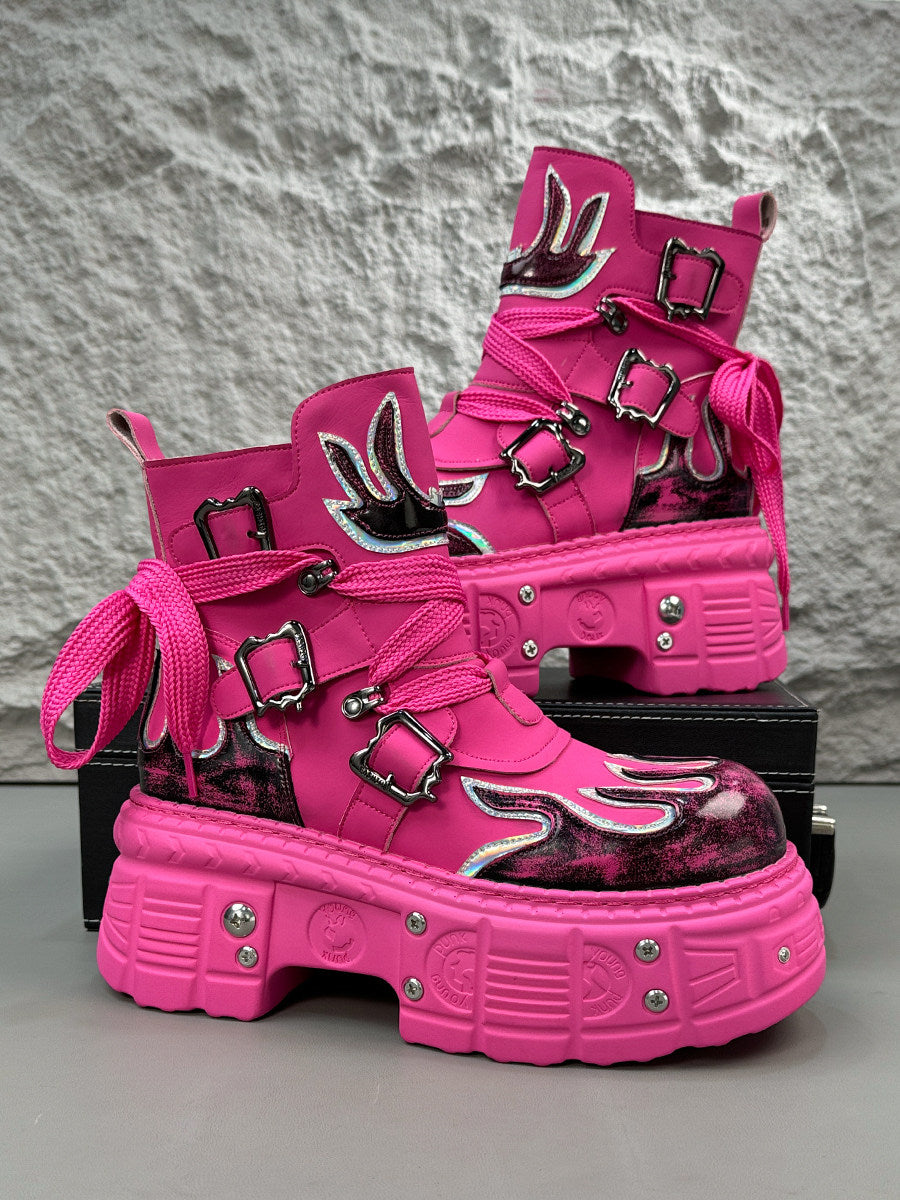 Flame Embroidery Strap Buckle Platform Short Boots WN24578
